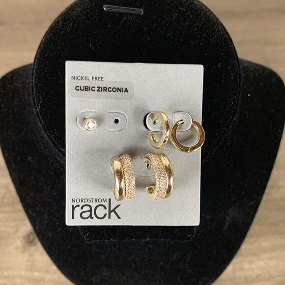 Nordstrom Cubic Zirconia Nickel Free 2 Pairs Huggie Hoop Stud Earrings Gold - Picture 1 of 6